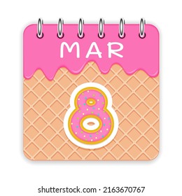 8 day of the month. March. Waffle cone calendar with melted ice cream. 3d daily icon. Date. Week Sunday, Monday, Tuesday, Wednesday, Thursday, Friday, Saturday. White background. Vector illustration.