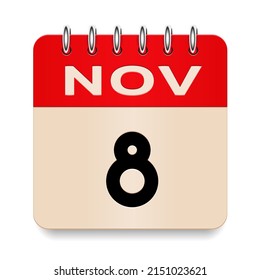 8 day of the month. November. Flip old formal calendar. 3d daily icon. Date. Week Sunday, Monday, Tuesday, Wednesday, Thursday, Friday, Saturday. Cut paper. White background. Vector illustration.