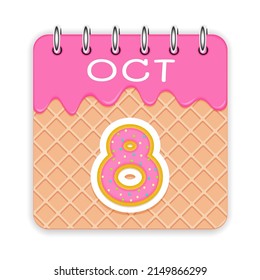 8 day of a month. October. Waffle cone calendar with melted ice cream. 3d daily icon. Date. Week Sunday, Monday, Tuesday, Wednesday, Thursday, Friday, Saturday. White background Vector illustration