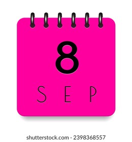 8 day of the month. September. Pink calendar daily icon. Black letters. Date day week Sunday, Monday, Tuesday, Wednesday, Thursday, Friday, Saturday. Cut paper. White background. Vector illustration.