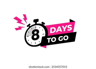 8 days to go banner label, countdown timer sticker vector illustration with stopwatch