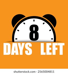 8 days left icon. Countdown clock symbol. Bold number eight text. Bright orange background.