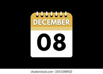 8 December calendar icon text page monthly web design on golden, black, and white background vector, icon, or illustration with the month of December 8