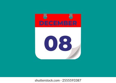 8 December calendar icon text page monthly web design on red, and blue background vector, icon, or illustration with the month of December 8