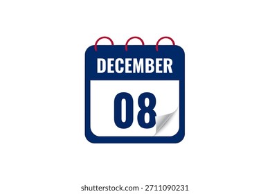 8 Dezember Kalender Symbol Textseite monatliches Web-Design auf weißem, rotem und blauem Hintergrund Vektor, Symbol oder Illustration mit dem Monat Dezember 8