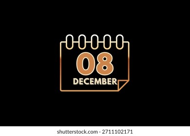 8 Diciembre Diseño web mensual de la página del texto del icono del calendario en el Vector, el icono, o la ilustración del fondo del oro, negro y marrón con el mes de diciembre 8