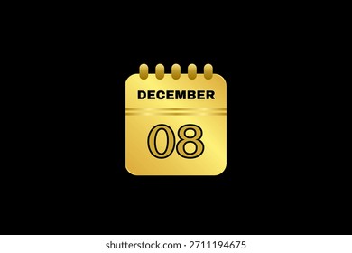 8 Diciembre Diseño web mensual de la página del texto del icono del calendario en el Vector, el icono, o la ilustración del fondo del oro y negro con el mes de diciembre 8