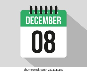 8 December calendar vector icon. Green December date for the days of the month and week