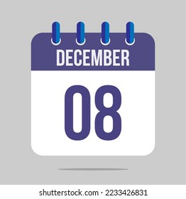 8 december calendar vector. Calendar icon for december with marked date. Design for schedules, meetings and appointments