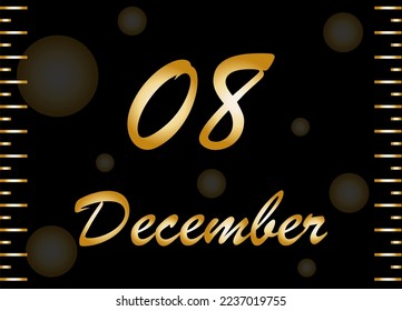 8 December gold banner. Design for December days with golden effect on black background