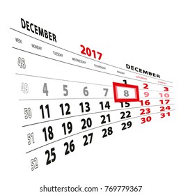 8 December highlighted on calendar 2017. Week starts from Monday. Vector Illustration.