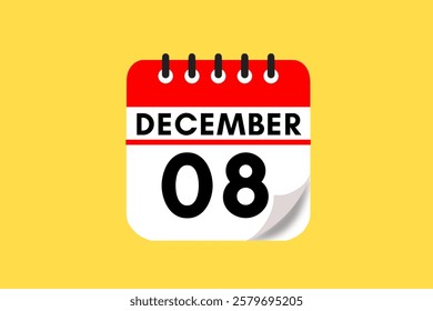 8 December month single day vector, illustration, calendar with red, black, white and yellow color background calendar December 8