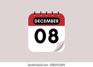 8 December month single day vector, illustration, calendar with rose red, black and off-white color background calendar December 8