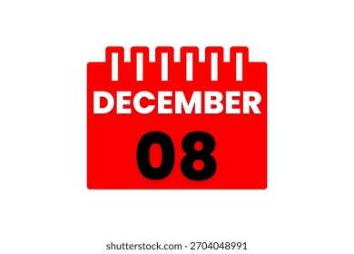 8 December month single day vector, illustration, calendar with red, black and white color background calendar icon of December 8