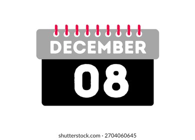 8 Diciembre mes Vector de un solo día, ilustración, calendario con ceniza, negro, rojo y blanco color de fondo icono de calendario de diciembre 8
