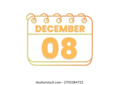 8 Diciembre mes Vector de un solo día, ilustración, calendario con naranja, amarillo, marrón y blanco color de fondo icono de calendario de diciembre 8
