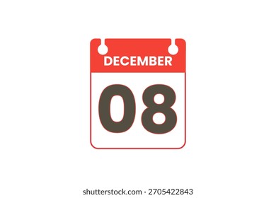 8 Diciembre mes Vector de un solo día, ilustración, calendario con rojo, negro y blanco color de fondo icono de calendario de diciembre 8