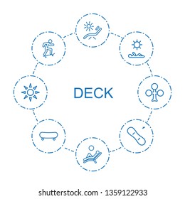 8 deck icons. Trendy deck icons white background. Included outline icons such as sunbed, man laying in the sun, man laying in sun, skateboard, snow board. deck icon for web and mobile.