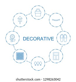 8 decorative icons. Trendy decorative icons white background. Included line icons such as gift, tree, party flag, nesting house, window, chess board. decorative icon for web and mobile.