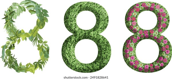 8, diseño hecho de hierba verde, hojas y flor, .conveniente para Plantillas de cumpleaños, aniversario y día conmemorativo, vaya concepto verde	
