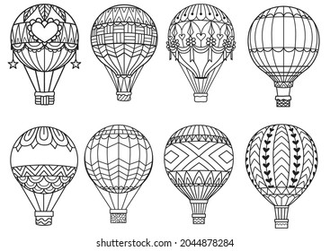 8 designs of hot air balloon for printing, engraving, laser cutting, paper cutting or coloring page. Vector illustration.