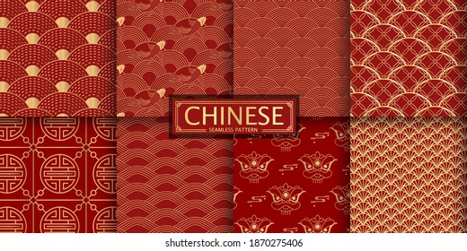 8 Different Chinese Vector Seamless Patterns. 