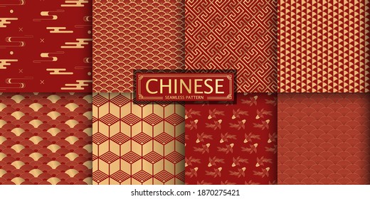 8 Different Chinese Vector Seamless Patterns. 