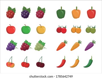8 different colors of vegetables and fruits isolated on white background