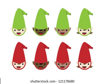 8 Different Elfs with Green and Red Hats.