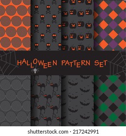 8 different funny and cute halloween seamless patterns set. Endless texture can be used for wallpaper, pattern fills, web page,background,surface
