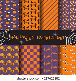 8 different funny and cute halloween seamless patterns set. Endless texture can be used for wallpaper, pattern fills, web page,background,surface