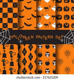 8 different funny and cute halloween seamless patterns set. Endless texture can be used for wallpaper, pattern fills, web page,background,surface