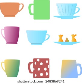 8 different mugs for tea and coffee. tall glasses and low tea cups for English tea. Vector illustration mugs tea cups and coffee glasses in gradient and different colors. to insert into a banner site