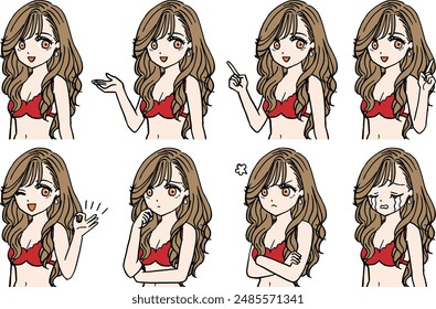 8 different red swimsuit Brown hair girl