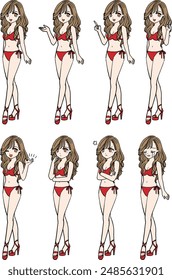 8 different red swimsuit Brown hair girl(all)