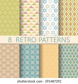 8 different retro patterns, design on vintage color. Endless texture can be used for wallpaper, pattern fills, web page, background, surface. vector illustration