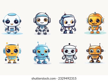 8, different, style, minimal, cute, robot, vector, art