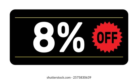 8% discount tag icon vector Black, white and rad design rectangular shape