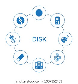 8 disk icons. Trendy disk icons white background. Included filled icons such as blade saw, server, CD, CPU planet, usb drive, disc flame, disc on fire. disk icon for web and mobile.