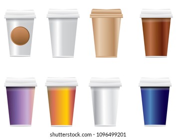 8 Disposable coffee beverage cups.  Variety of colors white, gold, brown, purple, orange and blue