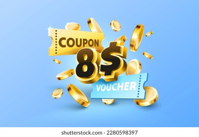 8$ dollar coupon gift voucher, cash back banner special offer. Vector illustration