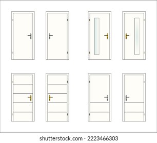 8 doors, white, with glass, brass and metal door fittings, vector
