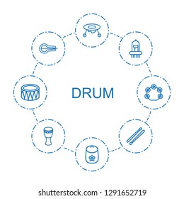 8 drum icons. Trendy drum icons white background. Included outline icons such as baby toy, musical instrument, drum stick, tambourine. icon for web and mobile.