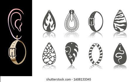 8 Earring Designs. Cutout drops with animal skin, snake, abstract face, fire, rope, belt, zipper 