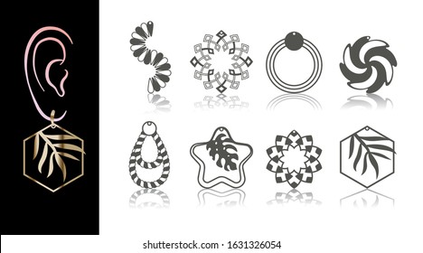 8 Earring Designs. Cutout jewellery with exotic plants (bamboo, palm), rope, fan, arab pattern.  