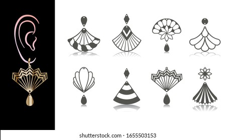 8 Earring Designs. Cutout jewellery with fan, flower, seashell, rope, bell. Template is suitable for creating fashion & charm women jewellery: earrings, necklace or bracelet. 