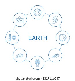 8 earth icons. Trendy earth icons white background. Included line icons such as planet, globe download, hand with seeds, world map, excavator, internet. earth icon for web and mobile.