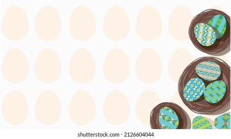 8 Easter eggs with different colorful patterns, 6 of which are placed in 3 nests, with a white background filled with beige eggs. Vector.
