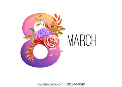 8 eight march international women day holiday decoration. Elegant realistic flower leaves rose bouquet, poster greeting, invitation celebration card template. Female girl mother symbol illustration