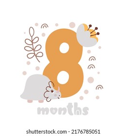 8 eight months anniversary card. Baby shower print with cute animal dino and flowers capturing all special moments. Baby milestone card for newborn girl.